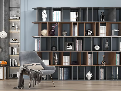 Modern Multi Tiered Bookshelf Design With Books Decorative Items And Gray Chair 3d model