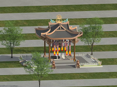 Traditional Chinese Pavilion With Ornate Roof Surrounded By Trees And Green Lawn 3d model