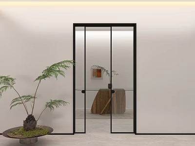 Modern Black Frame Glass Sliding Door with Green Plant and Wooden Table in Interior Space 3d model