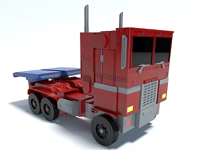Red Flatbed Truck Model With Blue Flatbed Black Tires And Exhaust Pipes 3d model