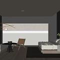 Hotel Guest Room with Modern Minimalist Design Bed Sofa Chair Natural Light and Lake View