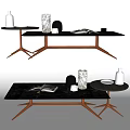 Modern Black Marble Coffee Table With Metal Legs Rectangular Round Top And Vase Magazines Tray 3d model