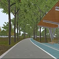 Municipal Road Lined With Green Trees Pedestrian Path And Recreational Walking Area