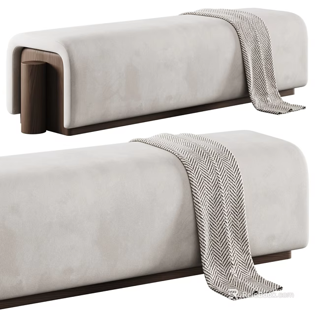 Modern Soft Beige Upholstered Sofa Stool With Solid Wood Base And Cozy Herringbone Throw Blanket 3d model 