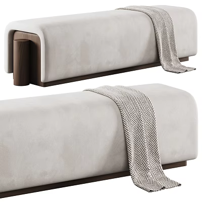 Modern Soft Beige Upholstered Sofa Stool With Solid Wood Base And Cozy Herringbone Throw Blanket 3d model