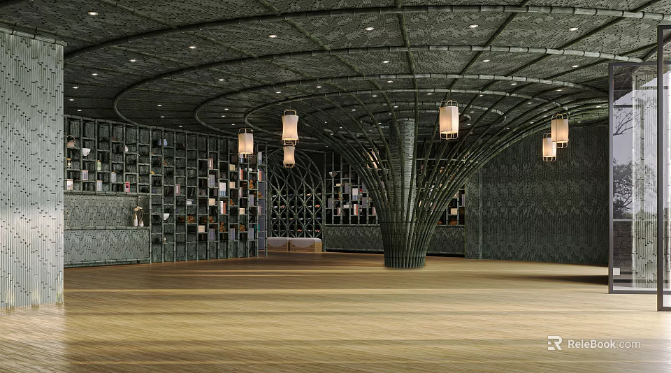 Modern Store Front Desk Design With Curved Ceiling Pendant Lights And Display Shelves 3d model 