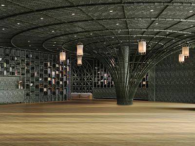 Modern Store Front Desk Design With Curved Ceiling Pendant Lights And Display Shelves 3d model