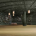 Modern Store Front Desk Design With Curved Ceiling Pendant Lights And Display Shelves