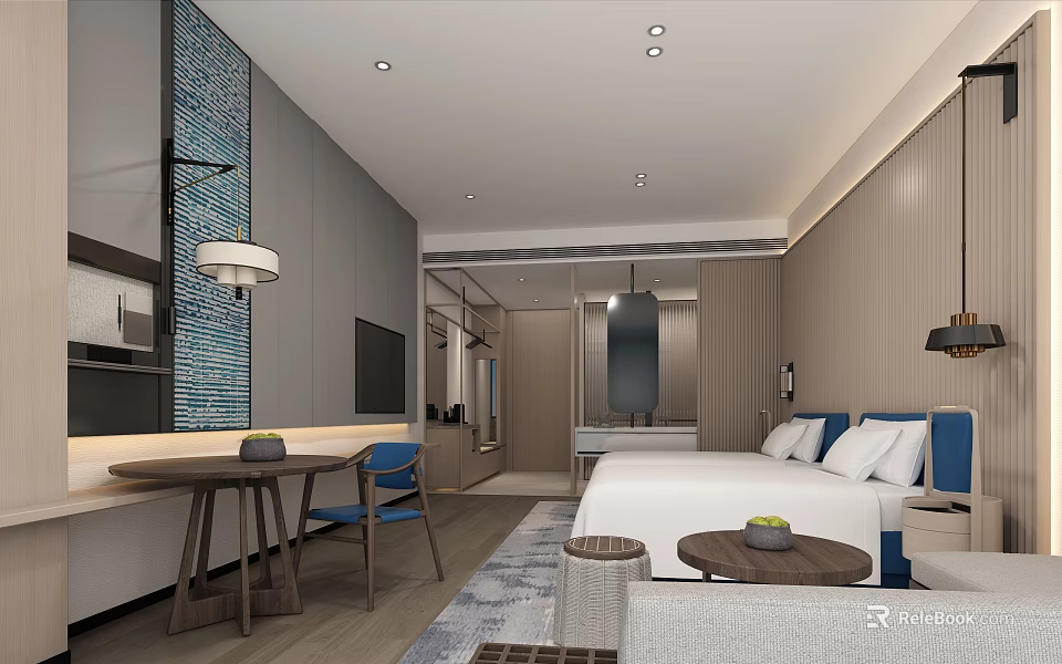 Hotel Guest Room Interior With Modern Design Comfortable Bed Wooden Furniture And Area Rug 3d model 
