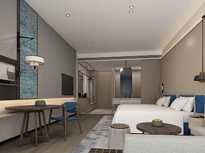 Hotel Guest Room Interior With Modern Design Comfortable Bed Wooden Furniture And Area Rug 3d model