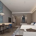 Hotel Guest Room Interior With Modern Design Comfortable Bed Wooden Furniture And Area Rug