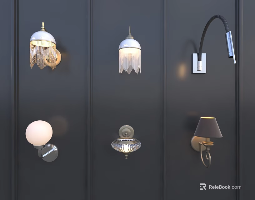Various Unique Wall Lamps With Different Designs Mounted On Dark Wall 3d model 