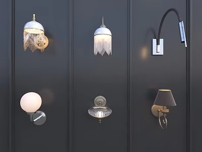 Various Unique Wall Lamps With Different Designs Mounted On Dark Wall 3d model