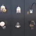 Various Unique Wall Lamps With Different Designs Mounted On Dark Wall