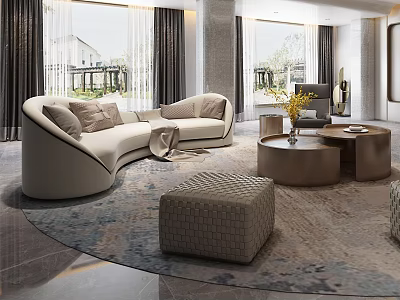 Luxury Modern Living Room Interior With Curved Sofa Wooden Coffee Tables And Large Glass Windows 3d model
