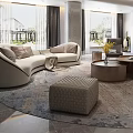 Luxury Modern Living Room Interior With Curved Sofa Wooden Coffee Tables And Large Glass Windows