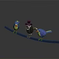 Low Poly Style Three Birds On Black Branch With Top Hat Bird And Gray Background