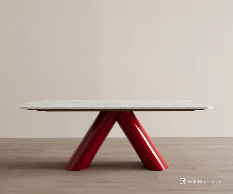 Modern Dining Table With White Marble Top And Red A Shaped Legs 3d model