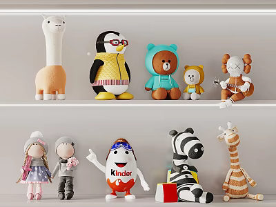 Cute Stuffed Animal Dolls Collection With Various Sizes And Colorful Outfits Displayed On Shelves 3d model