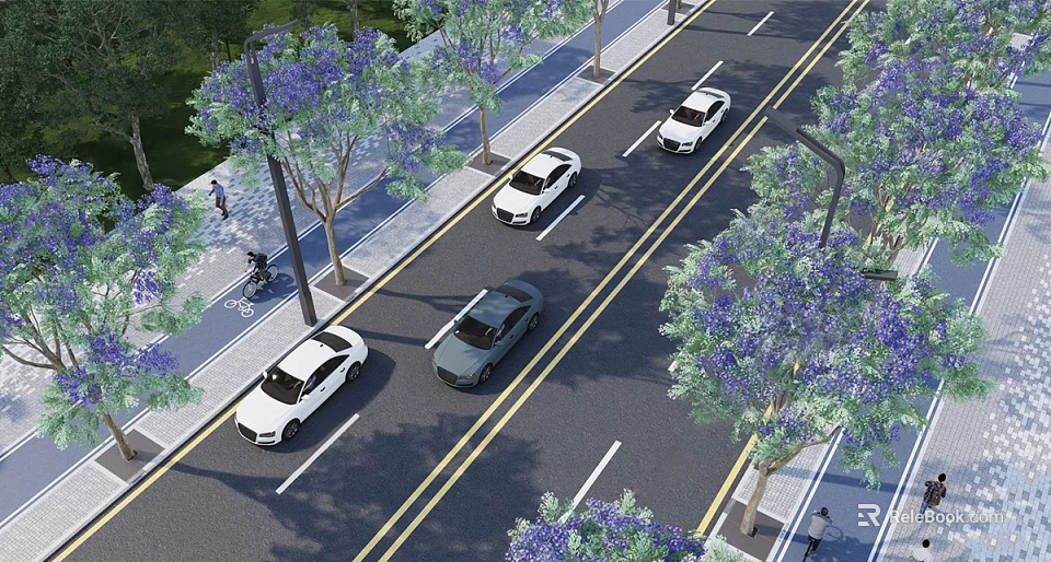 Scenic Municipal Road With Purple Trees Vehicles Sidewalks And Pedestrians 3d model 