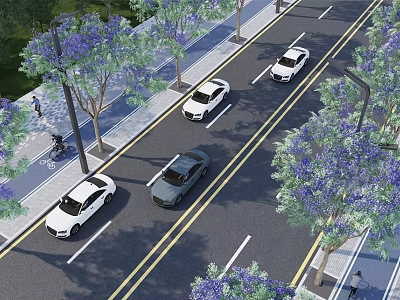 Scenic Municipal Road With Purple Trees Vehicles Sidewalks And Pedestrians 3d model