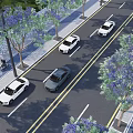 Scenic Municipal Road With Purple Trees Vehicles Sidewalks And Pedestrians