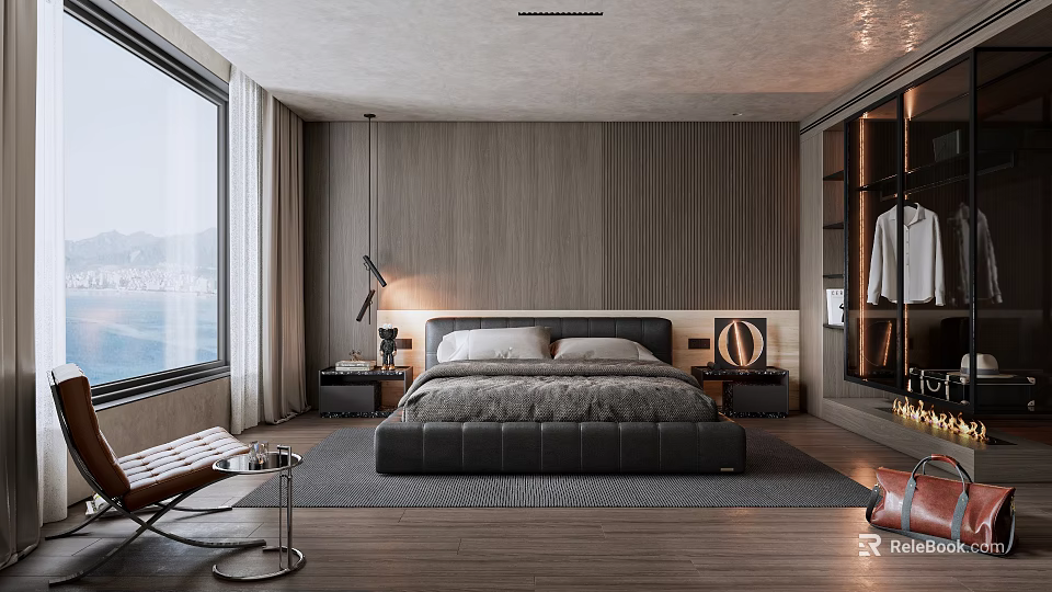 Modern Bedroom Interior With Large Bed Wooden Panel Wall And Floor To Ceiling Window 3d model 