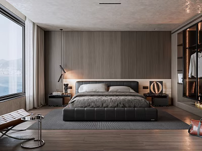 Modern Bedroom Interior With Large Bed Wooden Panel Wall And Floor To Ceiling Window 3d model