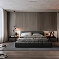 Modern Bedroom Interior With Large Bed Wooden Panel Wall And Floor To Ceiling Window