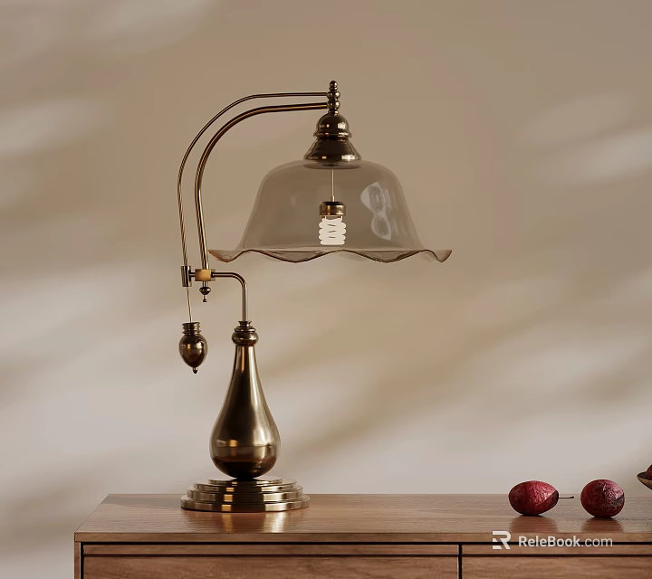 Vintage Brass Table Lamp With Glass Shade Adjustable Arm And Red Decorative Items 3d model 