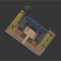 Architectural Model of Courtyard Building with Gray Roofs Orange Brick Walls and Symmetrical Gardens