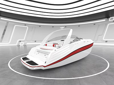 Sleek White Yacht With Red Stripes In Modern Indoor Space With Circular Lighting 3d model