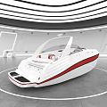 Sleek White Yacht With Red Stripes In Modern Indoor Space With Circular Lighting