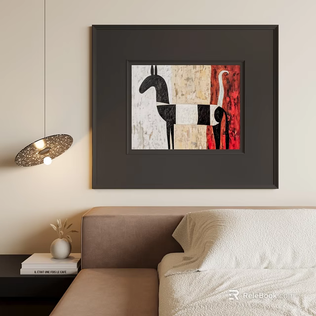 Abstract Horse Painting With Geometric Shapes Black White Red Colors Dark Frame Living Room Wall 3d model 