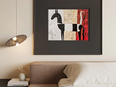 Abstract Horse Painting With Geometric Shapes Black White Red Colors Dark Frame Living Room Wall 3d model