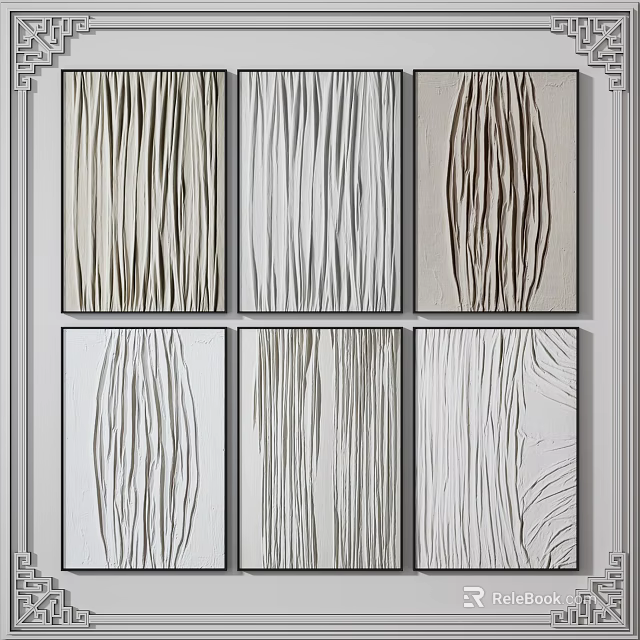 Six Framed Abstract Paintings With Brown And White Lines For Wall Decor 3d model 