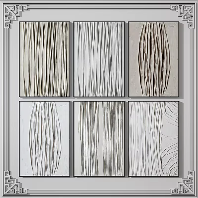Six Framed Abstract Paintings With Brown And White Lines For Wall Decor 3d model