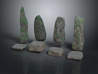 Natural Stone Pillars Covered With Green Moss On Square Stone Bases 3d model