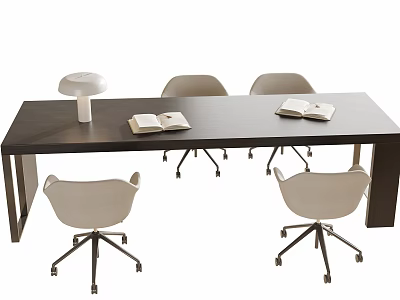 Modern Minimalist Desk Interior With Dark Wooden Top Table Lamp Open Books And Wheeled Chairs 3d model