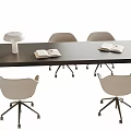 Modern Minimalist Desk Interior With Dark Wooden Top Table Lamp Open Books And Wheeled Chairs