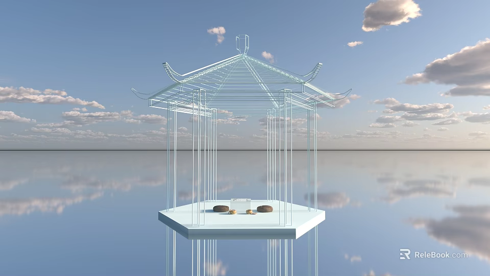 Transparent Pavilion With Traditional Roof On Water Surface And Cloud Reflections 3d model 
