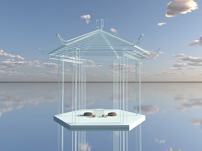 Transparent Pavilion With Traditional Roof On Water Surface And Cloud Reflections 3d model