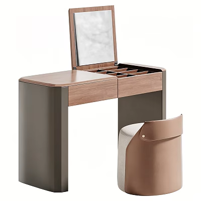 Modern Walnut Dressing Table With Mirror Divided Drawers And Leather Chair 3d model