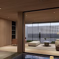Modern Dining and Living Room Interior with Wooden Ceiling Sofa Set and Large Windows