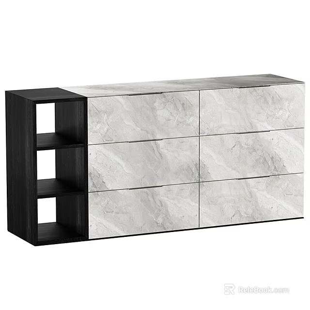 Modern Entryway Side Cabinet With Marble Panels Open Shelves And Black Wood Frame 3d model 