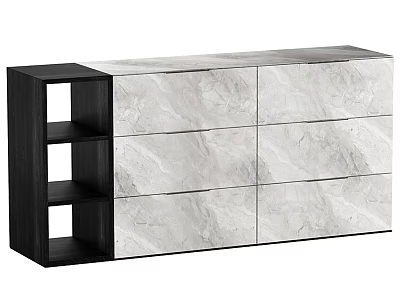 Modern Entryway Side Cabinet With Marble Panels Open Shelves And Black Wood Frame 3d model