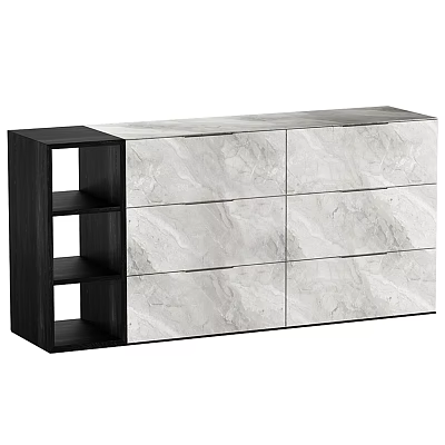 Modern Entryway Side Cabinet With Marble Panels Open Shelves And Black Wood Frame 3d model