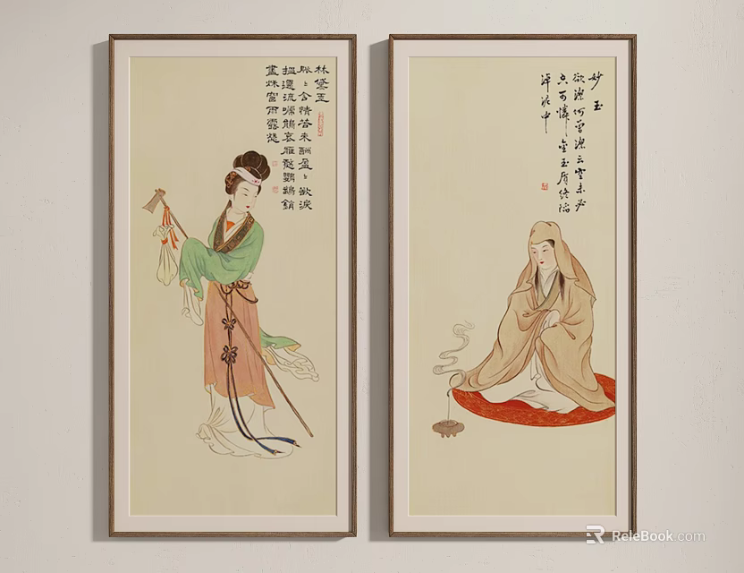 Chinese Traditional Figure Paintings With Female In Green Robe And Male In Brown Robe 3d model 