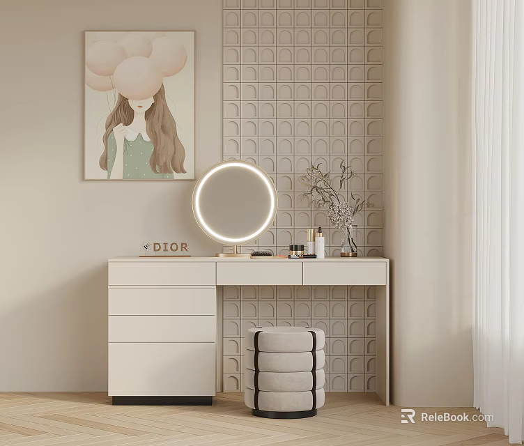 Stylish Dressing Table With Round Mirror Dior Logo Decorative Painting Tile Wall And Stool 3d model 