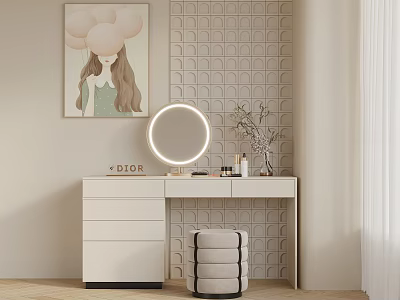 Stylish Dressing Table With Round Mirror Dior Logo Decorative Painting Tile Wall And Stool 3d model